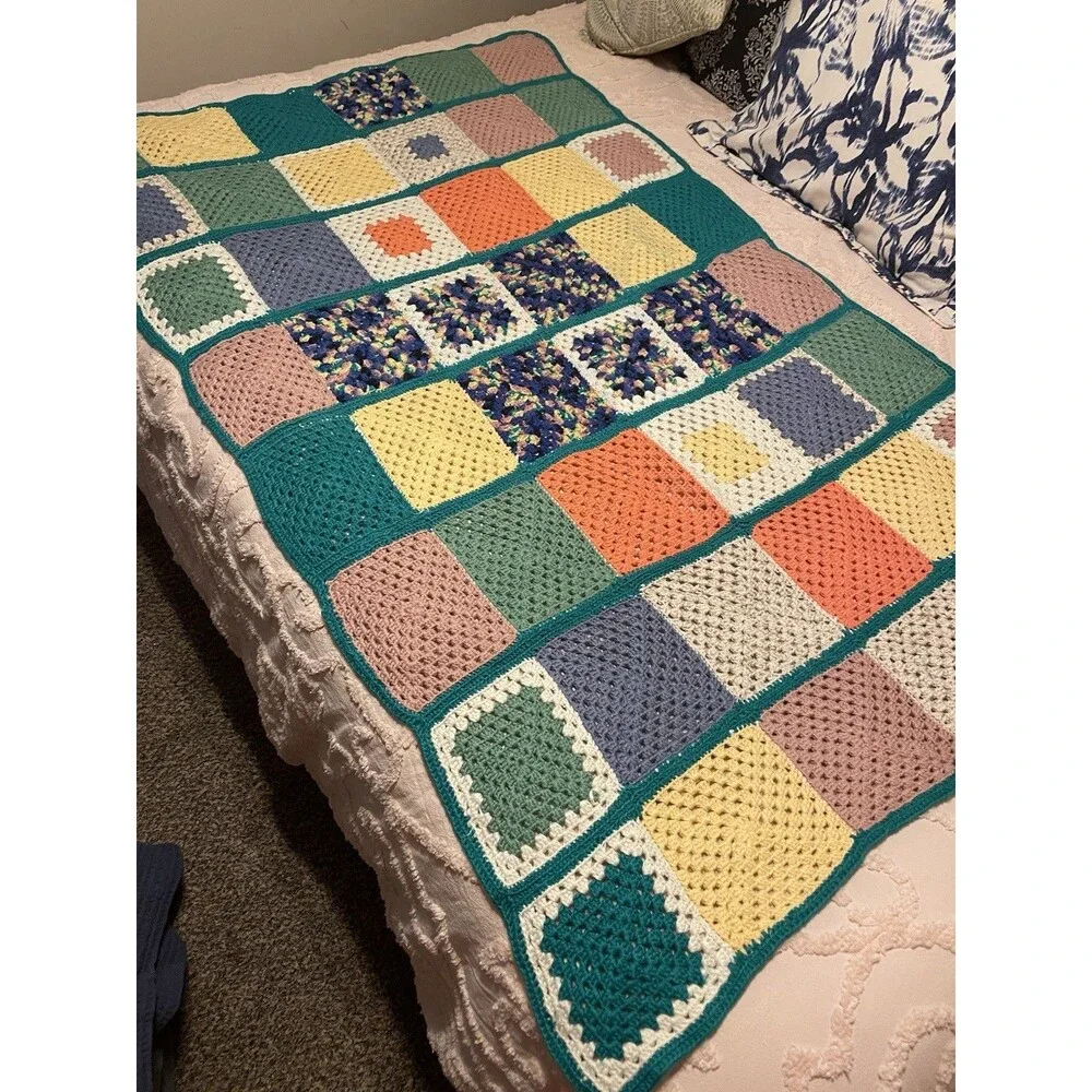 Vintage 1980s Pastel Heavy Crocheted Granny Square Throw Blanket 64x44”